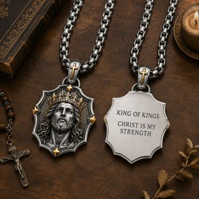 Personalized Engraved Catholic Saint Shield Necklace, Assorted Christ Design, Two-Tone Faith Protection Jewelry, Birthday Gift for Him/Dad