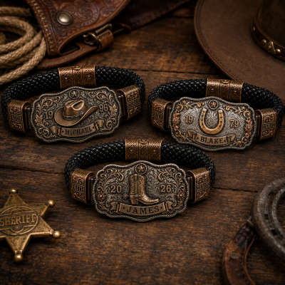 Personalized Horseshoe Cowboy Hat Boot Bracelet with Name & Year, Hand‑Crafted Western Leather Design, Birthday & Anniversary Gift for Dad/Husband