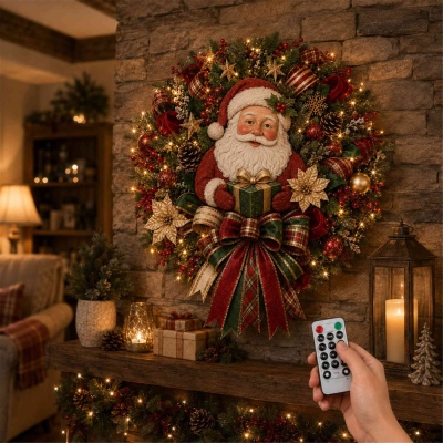 Lighted Seasonal Door Wreath with Remote Control, Christmas Santa Themed Door Wall Decor, Indoor & Outdoor Porch Display, Housewarming Gift for Family