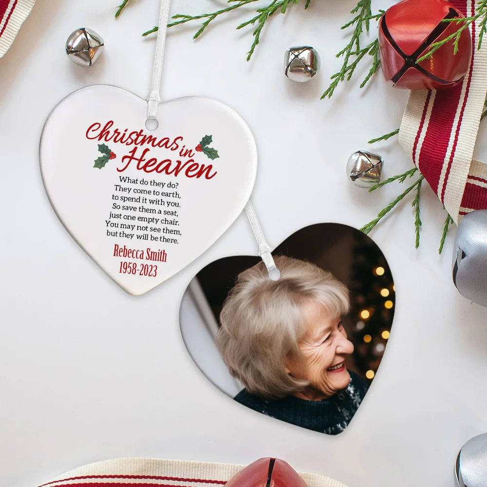 Personalized Christmas in Heaven Ornament, Custom Name & Photo Ornament with Heart Charm, Memorial Ornament, Christmas Tree Decor, Gift for Family/Her