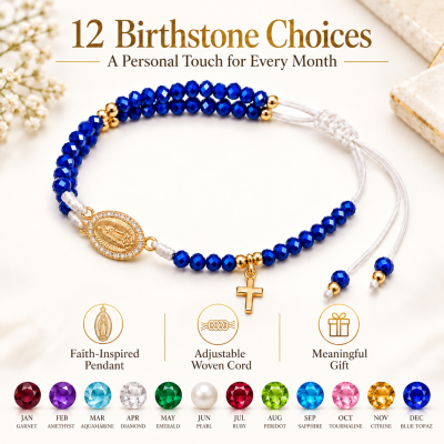 Personalized Virgin Mary Birthstone Bracelet, Adjustable Woven Cord 4 Style Catholic Jewelry, Baptism/Christmas Gift for Mom/Daughter/Wife