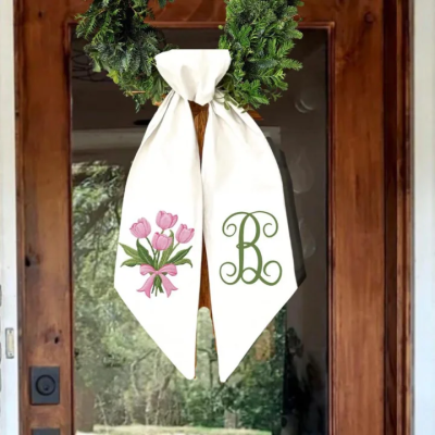 Personalisierte, bestickte Schleife mit Vichy-Karo-Blumenkranz, saisonales Blumen-Türband mit Monogramm, Partydekoration, Einzugsgeschenk für die Familie