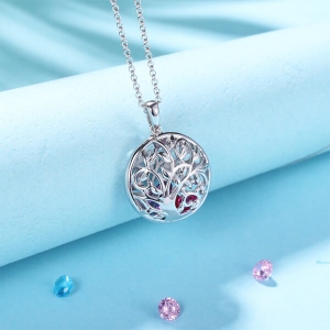 Round Cage Family Tree Birthstone Necklace Platinum Plated