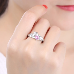 Personalized Double Heart Birthstone Promise Ring with Rose Ring Box