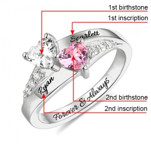 Graverat dubbelhjärta födelsestensten namnring sterling silver