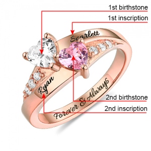 Engraved Double Heart Birthstone Ring In Rose Gold