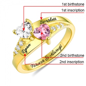 Engraved Double Heart Birthstone Ring Gold Plated