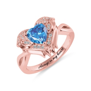 Engraved Angel Wings Ring with Birthstone in Rose Gold for Her