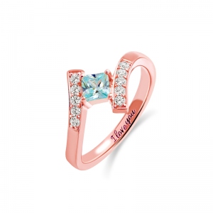 Engraved Princess-Cut Birthstone Ring Rose Gold