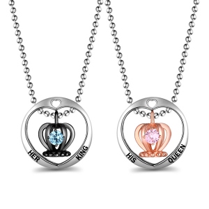 Sterling Silver Couple Crown Birthstone Necklace