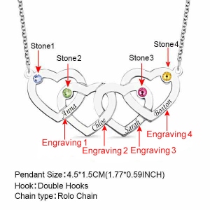 Engraved 1-5 Intertwined Hearts Necklace With Birthstones Sterling Silver