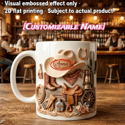 Personalized Western Cowboy Coffee Mug with Name, 11oz/15oz Ceramic Cup with Visual Embossed Effect, Home Drinkware, Gift for Cowboy Lovers/Boys/Him