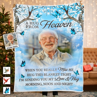 Personalized Memorial Photo Blanket, A Hug From Heaven Throw, Flannel/Sherpa Throw for Bed Couch, Sympathy Keepsake, Gift for Family/Friends/Parents