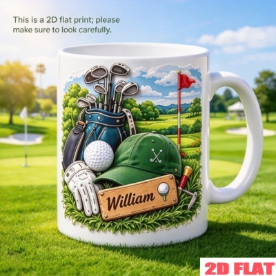 Personligt namngivet golftema keramisk mugg, golfbag och klubbor 3D-illusion keramisk design, slät keramisk dryckeskärl, födelsedagspresent för golfentusiaster