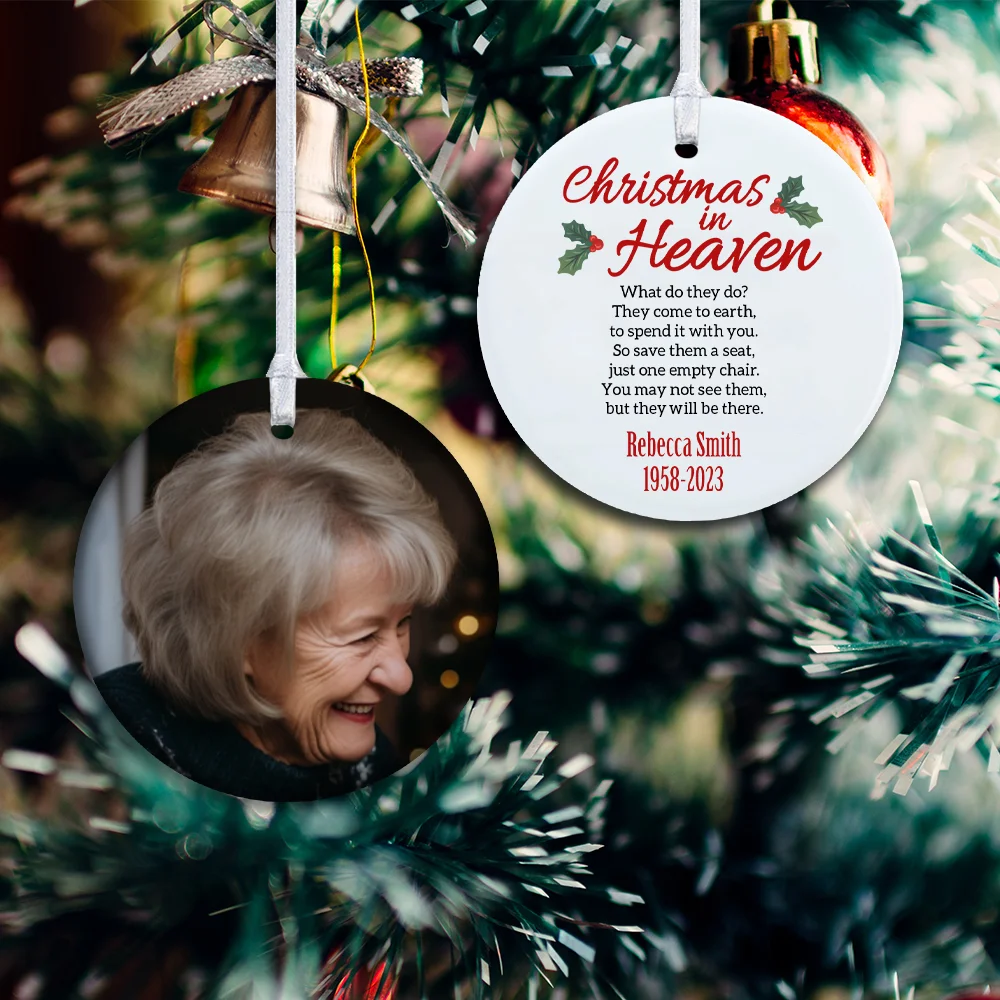 Personalized Christmas in Heaven Ornament, Custom Name & Photo Ornament with Heart Charm, Memorial Ornament, Christmas Tree Decor, Gift for Family/Her