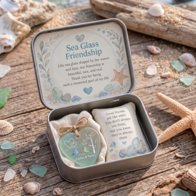 Personalized Sea Glass Friendship Keepsake Box with Name, Heart Sea Glass Ornament, Cherish Special Bond, Sentimental Gift for Best Friends/Women/Her