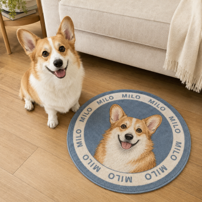 Personalized Watercolor Pet Photo Round Rug with Name, Soft Washable Non-Slip Floor Mat for Daily Use, Birthday Memorial Gift for Pet Owners and Friends