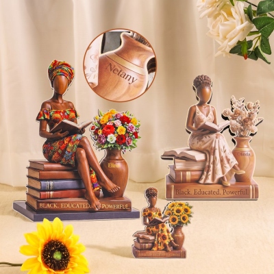 Custom Black Women Educated Powerful Wooden Tabletop Decor with Name, Inspirational Floral Reading Block Ornament, Gift for Black Women/Book Lovers