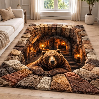 3D Grizzly Bear Stone Fireplace Area Rug, Soft Microfiber Non-Slip Mat, Rustic Cave Wildlife Home Décor, Christmas/Birthday Gift for Family/Friends