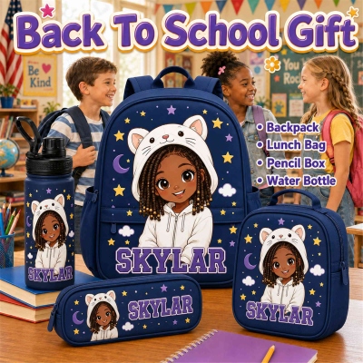 Personalized Cartoon Animal 4-in-1 School Set with Name, Backpack Lunch Bag Water Bottle Pencil Case, Birthday & Back to School Gift for Girls