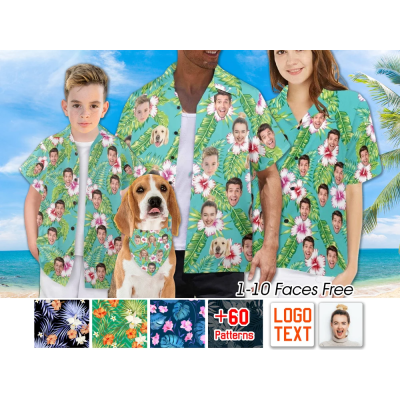 🔥Buy 2 FREE SHIPPING🔥Custom Hawaiian Shirt with Multiple Faces & Matching Bucket Hat - Personalized Photo Shirt for Couples & Families, Unique Gift for Men or Dad