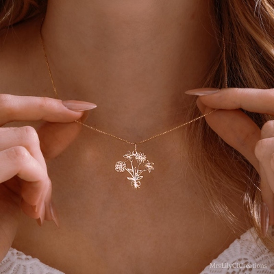 Personalized 1-5 Birth Flowers Bouquet Necklace, Minimalist Floral Family Necklace, Women's Jewelry, Birthday/Mother's Day Gift for Mom/Grandma/Her