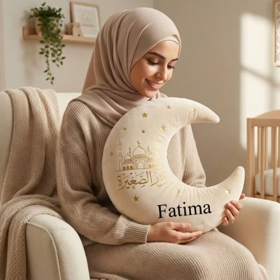 Coussin personnalisé en forme de croissant de lune islamique avec nom, coussin doux calligraphié en arabe, décoration de chambre d'enfant, cadeau d'anniversaire/de l'Aïd pour la famille islamique/les enfants musulmans