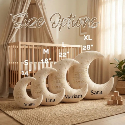 Coussin personnalisé en forme de croissant de lune islamique avec nom, coussin doux calligraphié en arabe, décoration de chambre d'enfant, cadeau d'anniversaire/de l'Aïd pour la famille islamique/les enfants musulmans