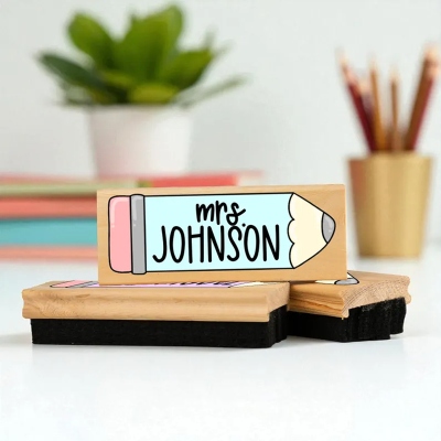 Custom Name Teacher Cartoon Pencil Chalkboard Eraser with Maker, Wooden Classroom Whiteboard Eraser Set, Appreciation/Back to School Gift for Teachers