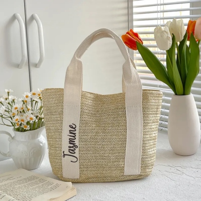 Custom Name Straw Beach Tote Bag, Summer Vacation/Pool Party Handbag, Bachelorette Beach Party Favor, Bridal Shower/Wedding Gift for Her/Bridesmaid