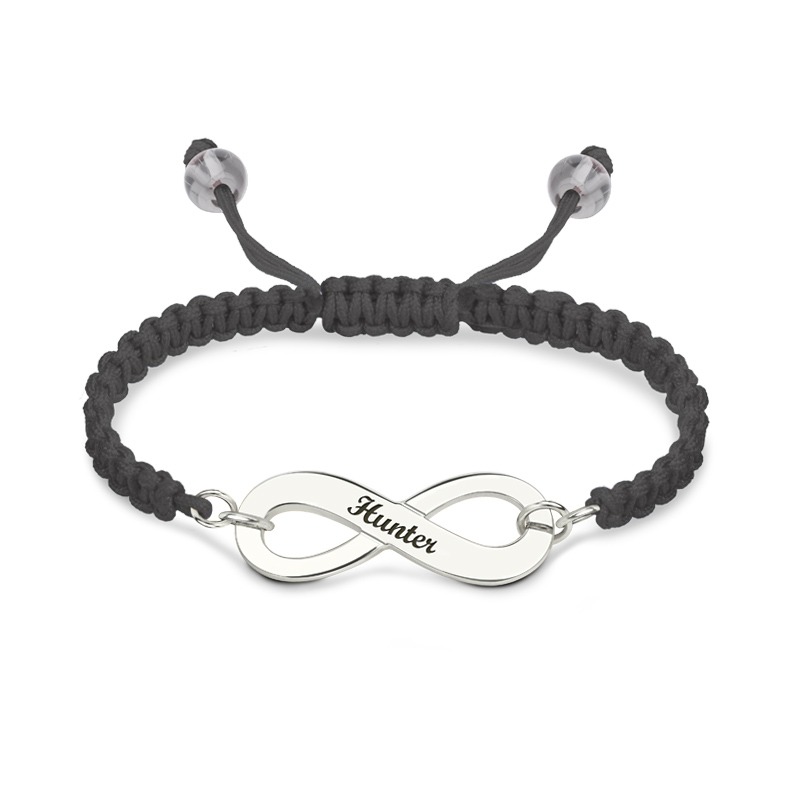 Pulseira de cordão com símbolo do infinito gravado em prata de lei