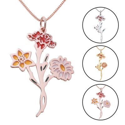 Custom Birth Flowers Bouquet Necklace, Sterling Silver 925 Floral Jewelry, Mother's Day/Birthday Gift for Mom/Grandma from Daughter/Granddaughter