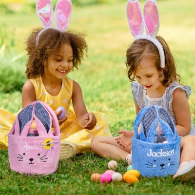 Personalized Easter Bunny Basket, Custom Rabbit Candy Gift Bag, Plush Bunny Tote Children's Storage Bucket Easter Decor, Easter Gift for Kids/Family