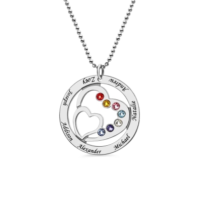 Custom Heart In Heart Birthstone Name Silver Necklace, Mother's Day Gift for Grandparents