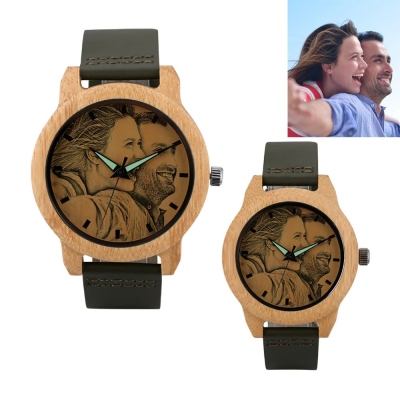 Unisex Photo Watch Engraved Bamboo Wood Wristwatch
