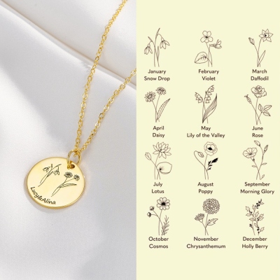 Custom Name Birth Flower Engraved Pendant Necklace, Sterling Silver 925 Floral Jewelry, Birthday/Mother's Day Gift for Mom/Sisters/Best Friends