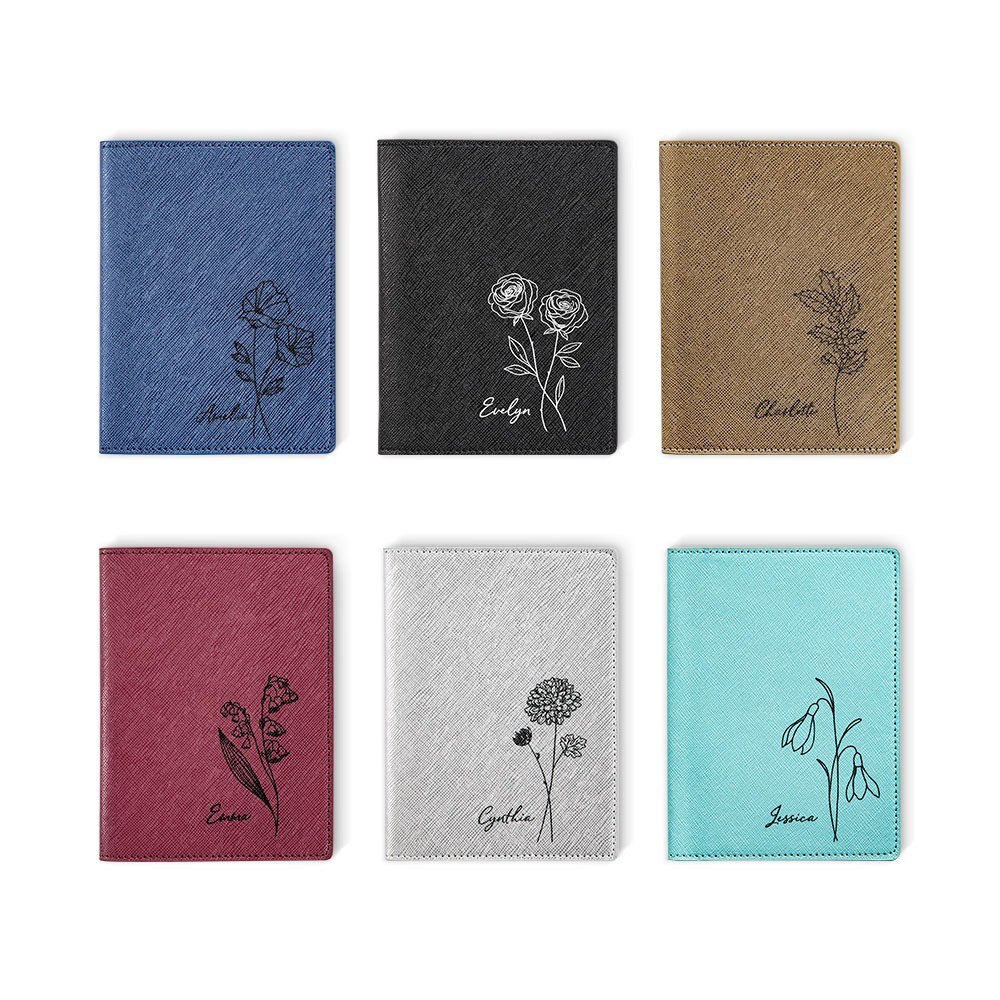 Custom Name Birthflower Bouquet Passport Holder, Leather Luggage Tag Cover, Card Holder with Coin, Travel Gift, BFF Gift, Birthday Gift for Women/Girl