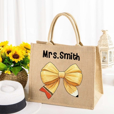 Custom Name Coquette Bow Teacher Bag, Pencil Bow Knot Tote, Teacher's Jute Bag, Back to School/Teacher's Day/Appreciation/Christmas Gift for Teachers