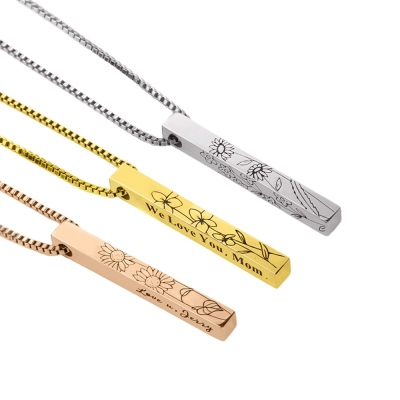 Personalized Birth Flower Engraved Bar Necklace, Customize 4 Sides with Engraving, Family Necklace, Women's Jewelry, Birthday/Anniversary/Mother's Day Gift for Her