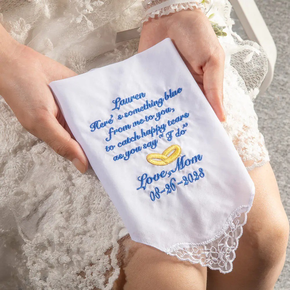 Personalized Cotton Embroidered Wedding Lace Handkerchief with Name and Date, Something Blue, Wedding Gift from Mom to Daughter