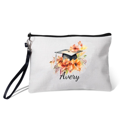 Personalized Name Bouquet of Flowers Graduation Cap Cosmetic Bag, Linen Makeup Pouch with Zipper & Wrist Strap, Gift for Graduates/Classmates/Friends
