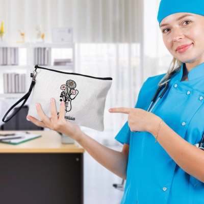 Custom Name Stethoscope Bow Birth Flower Cosmetic Bag, Makeup Pouch with Wrist Strap, Graduation/Appreciation Gift for Doctor/Nurse/Medical Staff