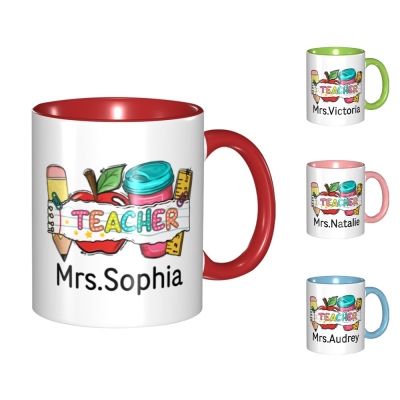 Personalized Name Teacher Mug, Pencil Apple Ruler Design Teacher's 11oz Ceramic Mug, Teacher's Day/Appreciation/Back to School Gift for Teachers