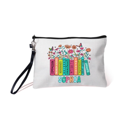 Custom Wildflowers Teacher Cosmetic Bag, Linen Makeup Pouch with Zipper & Wrist Strap, Teacher's Day/Appreciation/Back to School Gift for Teachers
