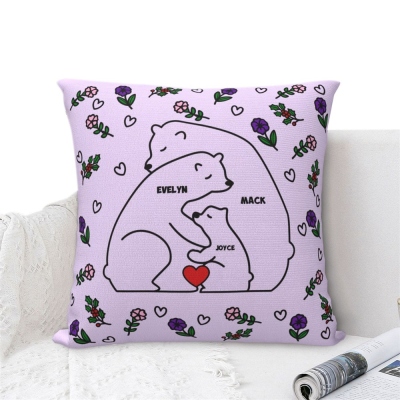 Custom Name Family Bears Birth Flowers Pillow Cover, Women's Pillowcase with Optional Insert, Mother's Day/Birthday/Christmas Gift Mom/Grandma/Parents