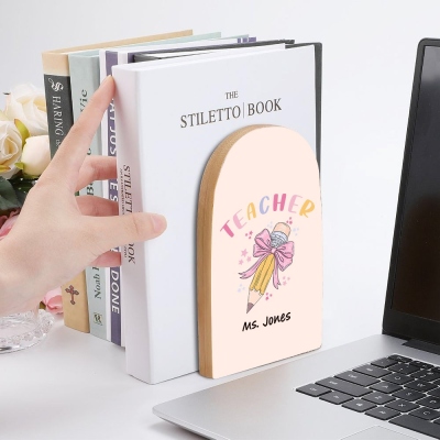 Custom pink bow pencil teacher bookends