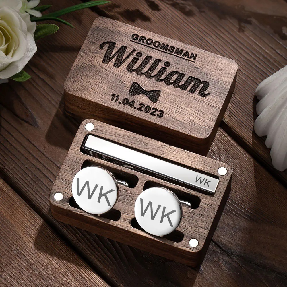 Personalized Engraved Monogram Tie Clip and Cufflink Set with Wooden Box, Groomsmen Cufflinks, Wedding Birthday Gift for Men Groomsmen