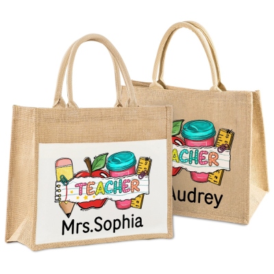 Custom Name Burlap Teacher's Tote Bag, Pencil Apple Ruler Design Large Capacity Jute Bag with Handle, Teacher's Day/Appreciation Gift for Teachers