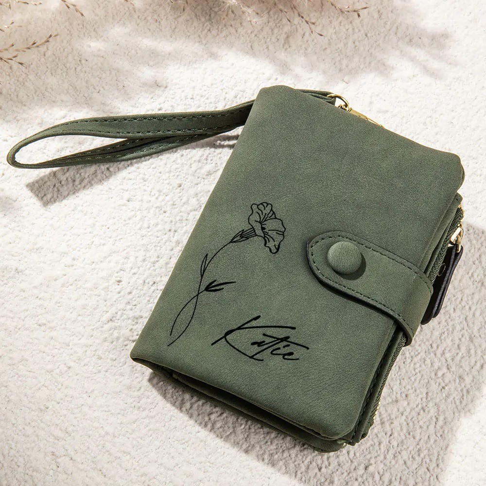 Personalized Tri-Fold Birth Flower Leather Wallet, Birth Flower Wallet with Coin Holder, Travel Accessories, Card Holder, Birthday Gift for Women