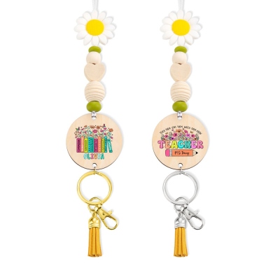 Custom Teacher Bookself Wildflowers Lanyard with Retractable Keychain, Beaded Lanyard with Tassel, Back to School/Teacher's Day Gift for Teachers